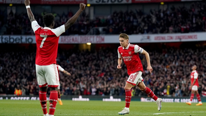 Arsenal’s Martin Odegaard celebrates the opener (PA)