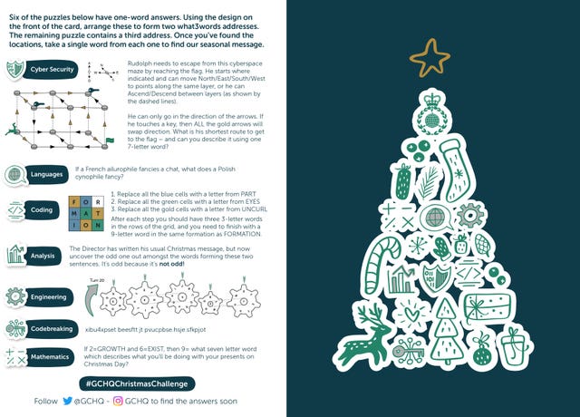 A Christmas card featuring puzzles which has been sent by the director of Cheltenham-based GCHQ Sir Jeremy Fleming to his contacts around the world 