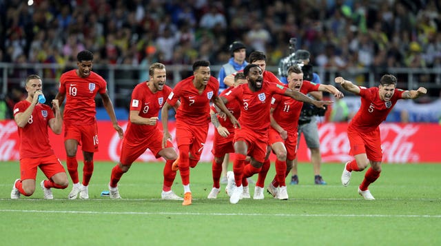 England celebrate penalty shootout success against Colombia in 2018 