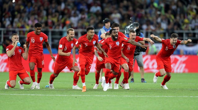 England celebrate penalty shootout success against Colombia in 2018 