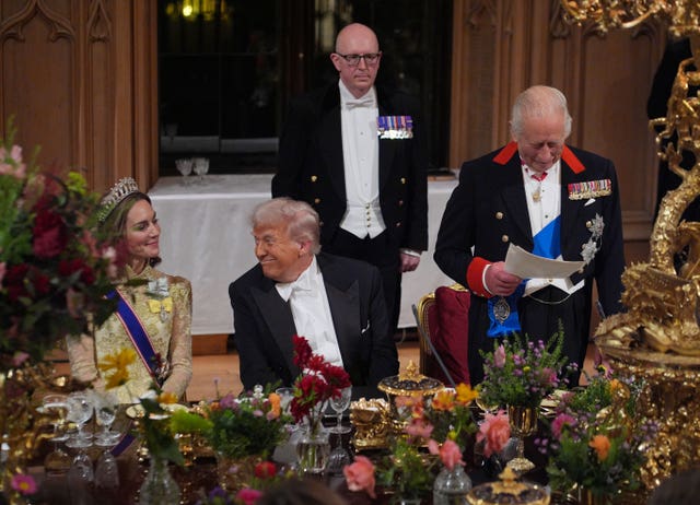 The KIng delivers his speech as US President Donald Trump and the Princess of Wales listen during the state banquet at Windsor Castle in September 