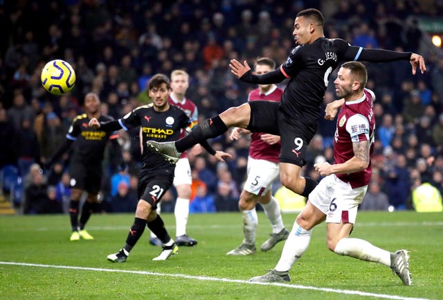 Gabriel Jesus volleys home his second goal against Burnley 