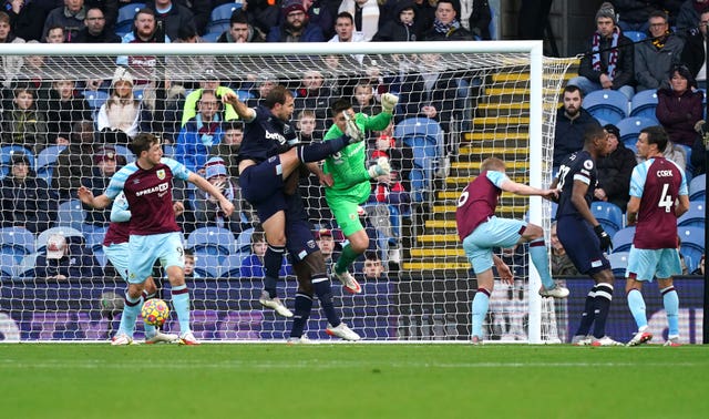 Burnley goalkeeper Nick Pope (right) in action at Turf Moor