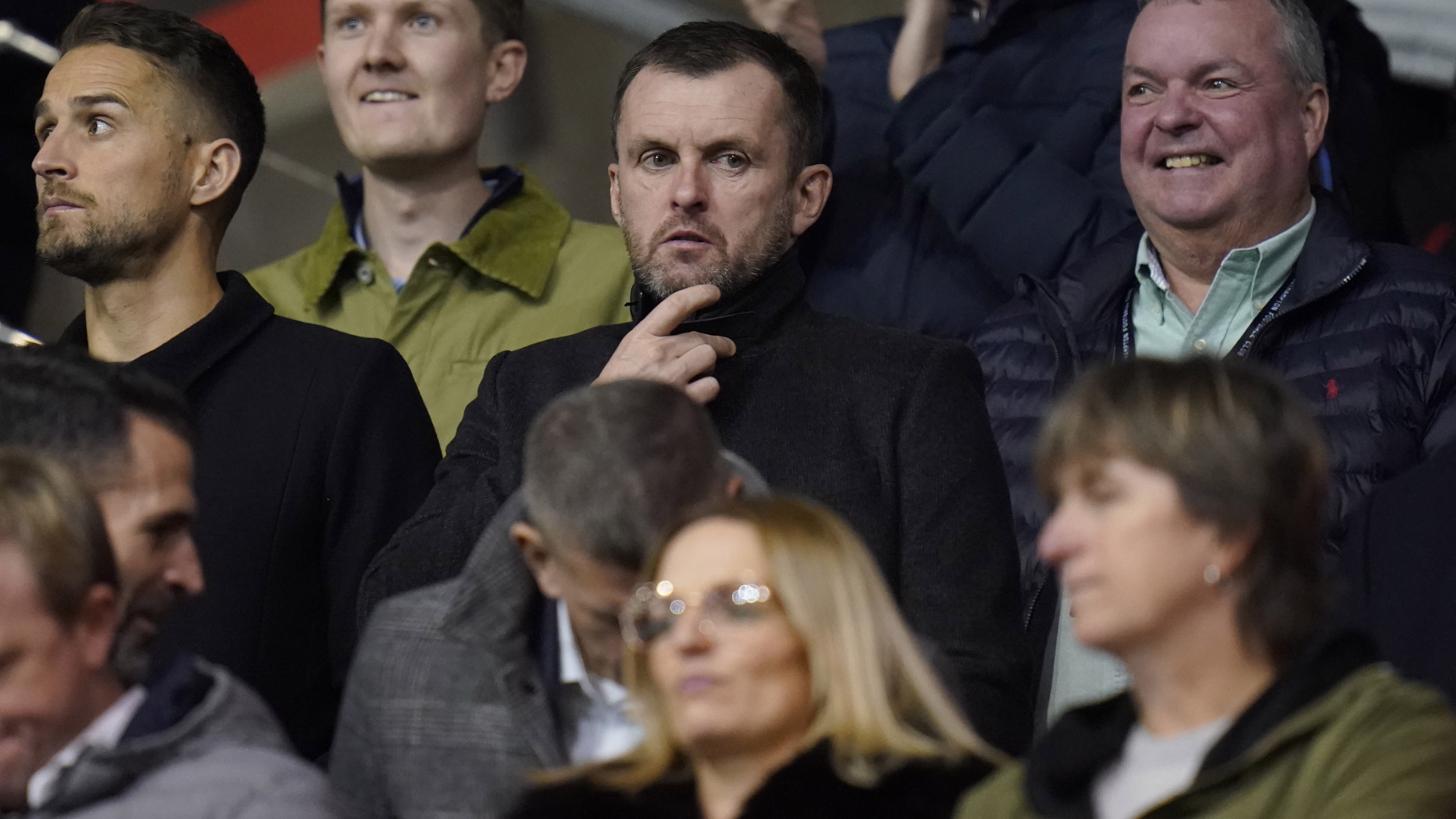 Prospective Southampton manager Nathan Jones, centre, was in the stands at St Mary’s to watch the Carabao Cup clash with Sheffield Wednesday (Andrew Matthews/PA)