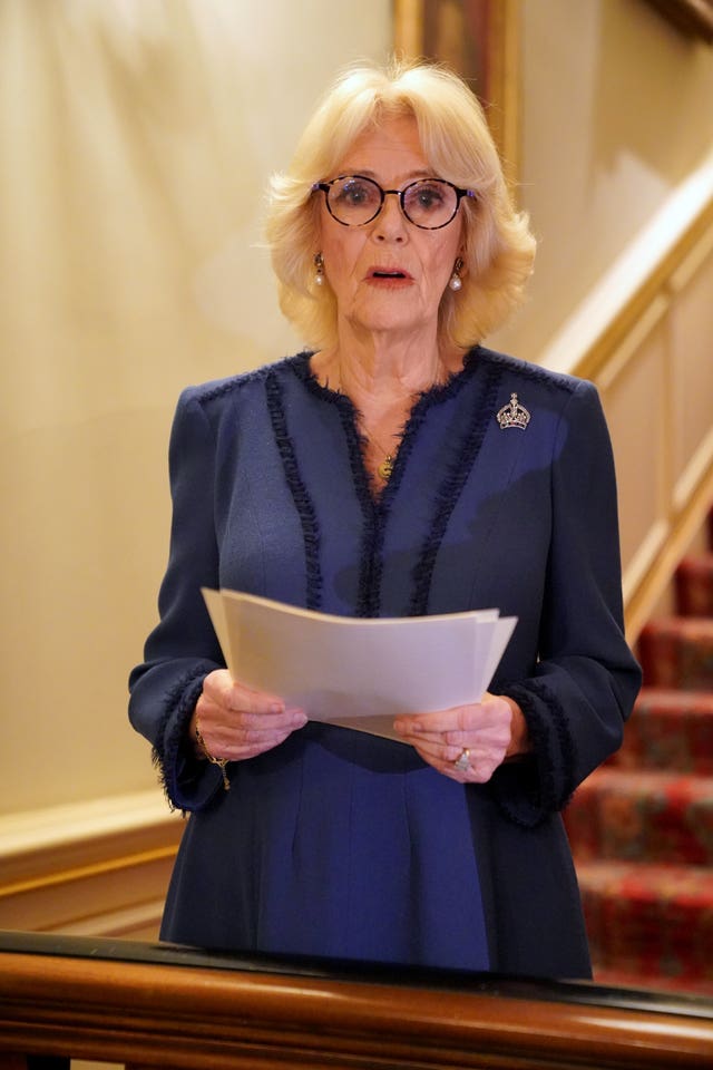 The Queen Consort speaking as she hosts a reception at Clarence House in London for authors, members of the literary community and representatives of literacy charities to celebrate the second anniversary of The Reading Room