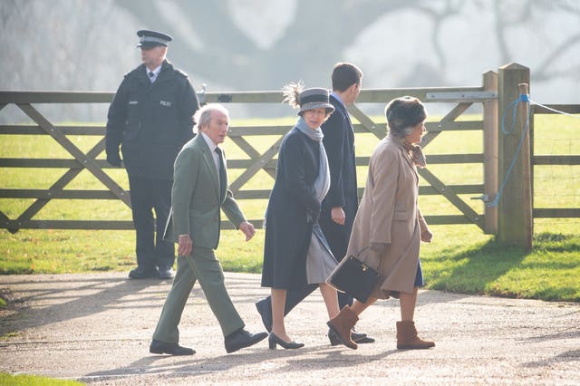 Sir Jackie Stewart and the Princess Royal arrive at the service on Sunday (Joe Giddens/PA)