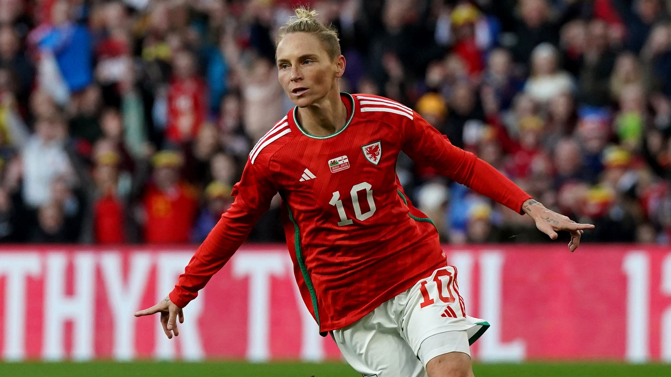 Jess Fishlock celebrates opening the scoring in Wales’ impressive friendly victory over Northern Ireland in Cardiff (Nick Potts/PA)