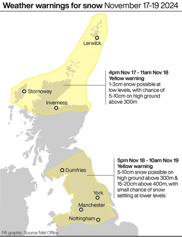 A PA graphic showing weather warnings for snow November 17-19