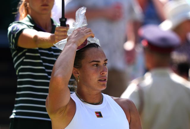 Aryna Sabalenka uses an ice pack to cool down during her quarter-final win over Laura Siegemund