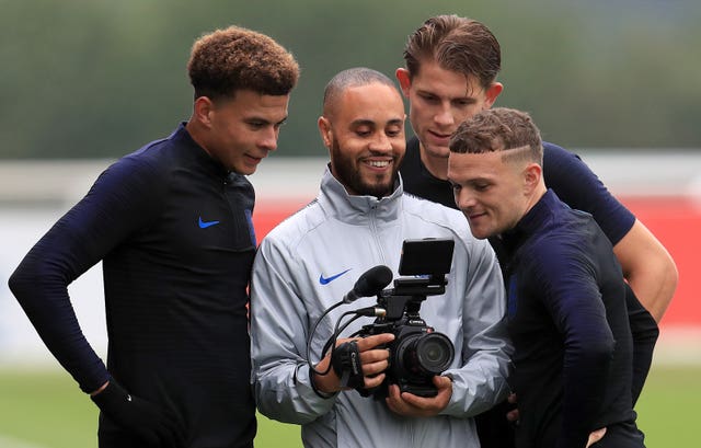 Trippier (right) has not been shy about rewatching his moment in the spotlight.