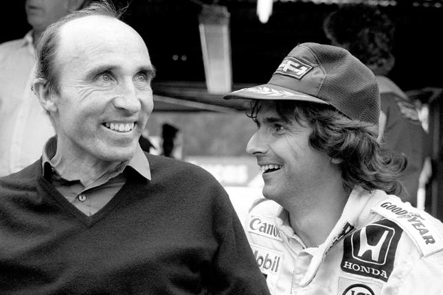 Nelson Piquet (right) with Williams F1 team boss Frank Williams, who was paralysed in a car crash
