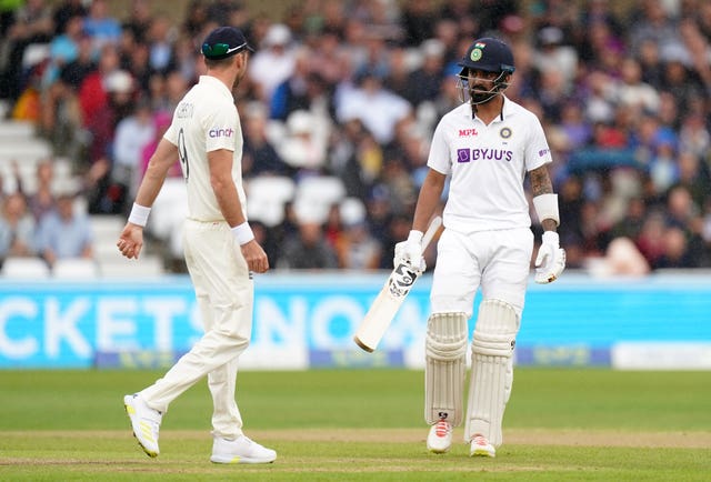 India's KL Rahul (right) exchanges words with England's Jimmy Anderson