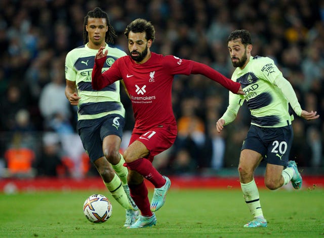 Liverpool's Mohamed Salah on the ball against Manchester City