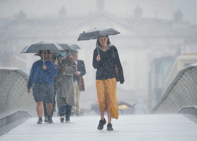 People walking along the Millennium Bridge, London, during a rain shower