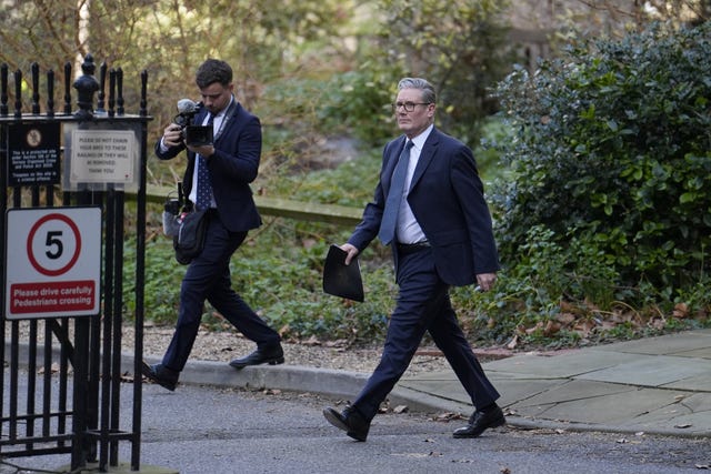 Prime Minister Sir Keir Starmer in Downing Street, central London, following a press conference to give an update on the latest situation in the Middle East, in the Downing Street Briefing Room in London