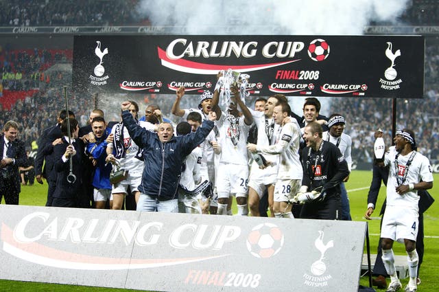 Tottenham celebrate winning the League Cup in 2008