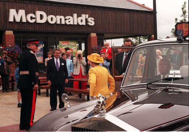 The Queen arrives at a  McDonald's restaurant in Cheshire in 1998