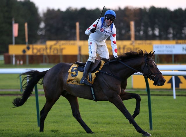 Harry Skelton celebrates winning last year's Betfair Chase on Protektorat