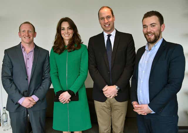 The Duke and Duchess of Cambridge with Jonny Benjamin (right), and Neil Laybourn, the passer-by who saved him from jumping off Waterloo Bridge (Toby Melville/PA)