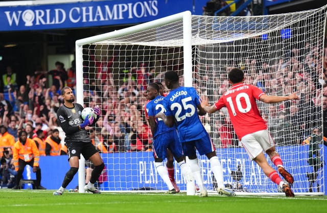 Chelsea goalkeeper Robert Sanchez (left) reacts after Nottingham Forest’s Taiwo Awoniyi (hidden) scores