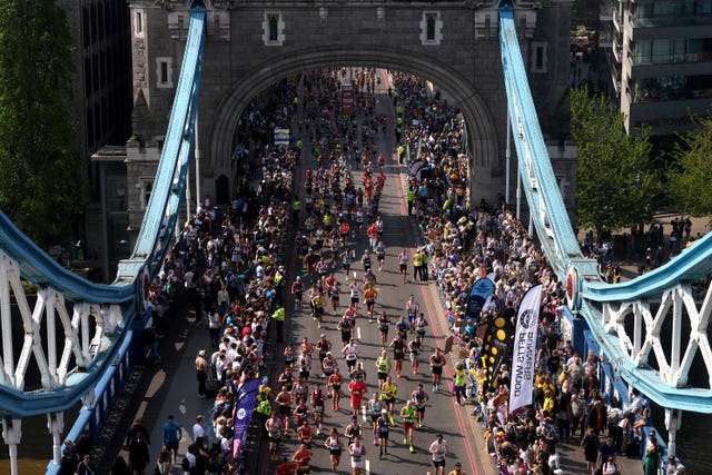 Runners crossing Tower Bridge during the London Marathon