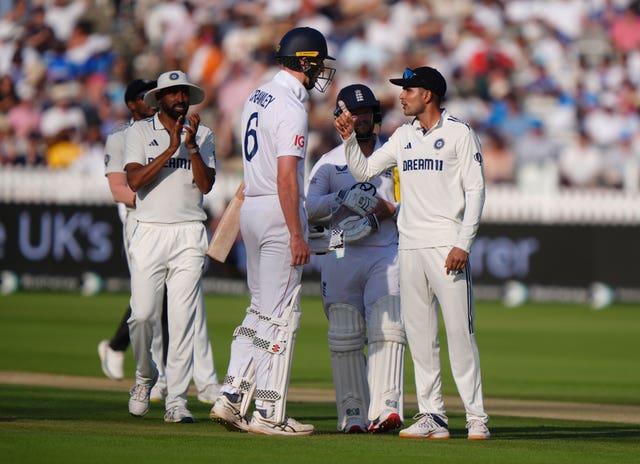 India's Shubman Gill (right) points the finger at England's Zak Crawley (centre) at Lord's.