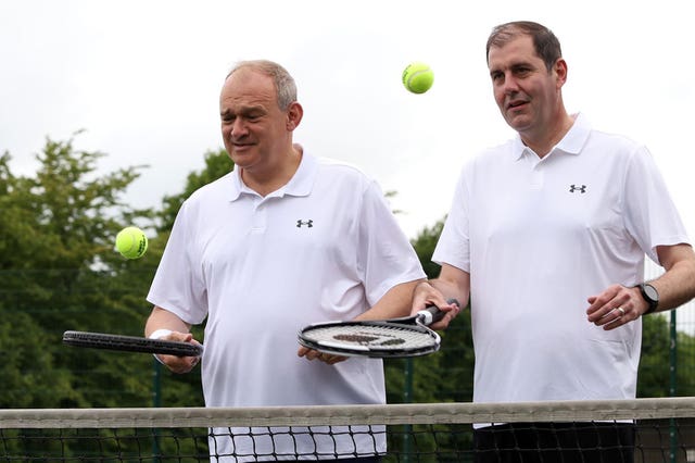 Lib Dem leader Sir Ed Davey (left) playing tennis with the party's candidate for Newbury Lee Dillon at Victoria Park Tennis in the Berkshire town