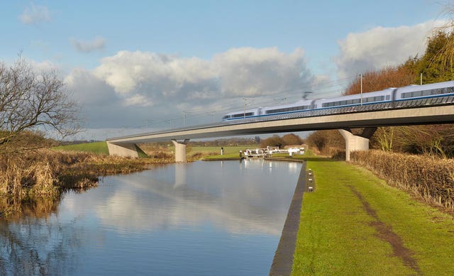 An artist’s impression of an HS2 train on the Birmingham and Fazeley viaduct 