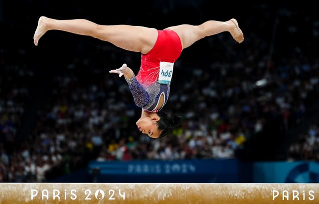 USA’s Sunisa Lee performs on the balance beam