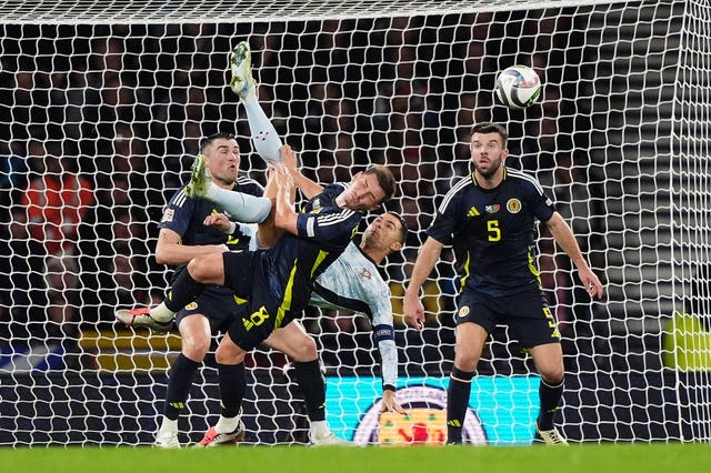 Portugal striker Cristiano Ronaldo attempts an acrobatic shot on goal 