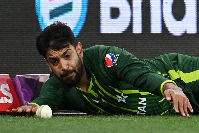 Pakistan’s Haris Rauf fields a ball on the boundary during the T20 World Cup Final against England