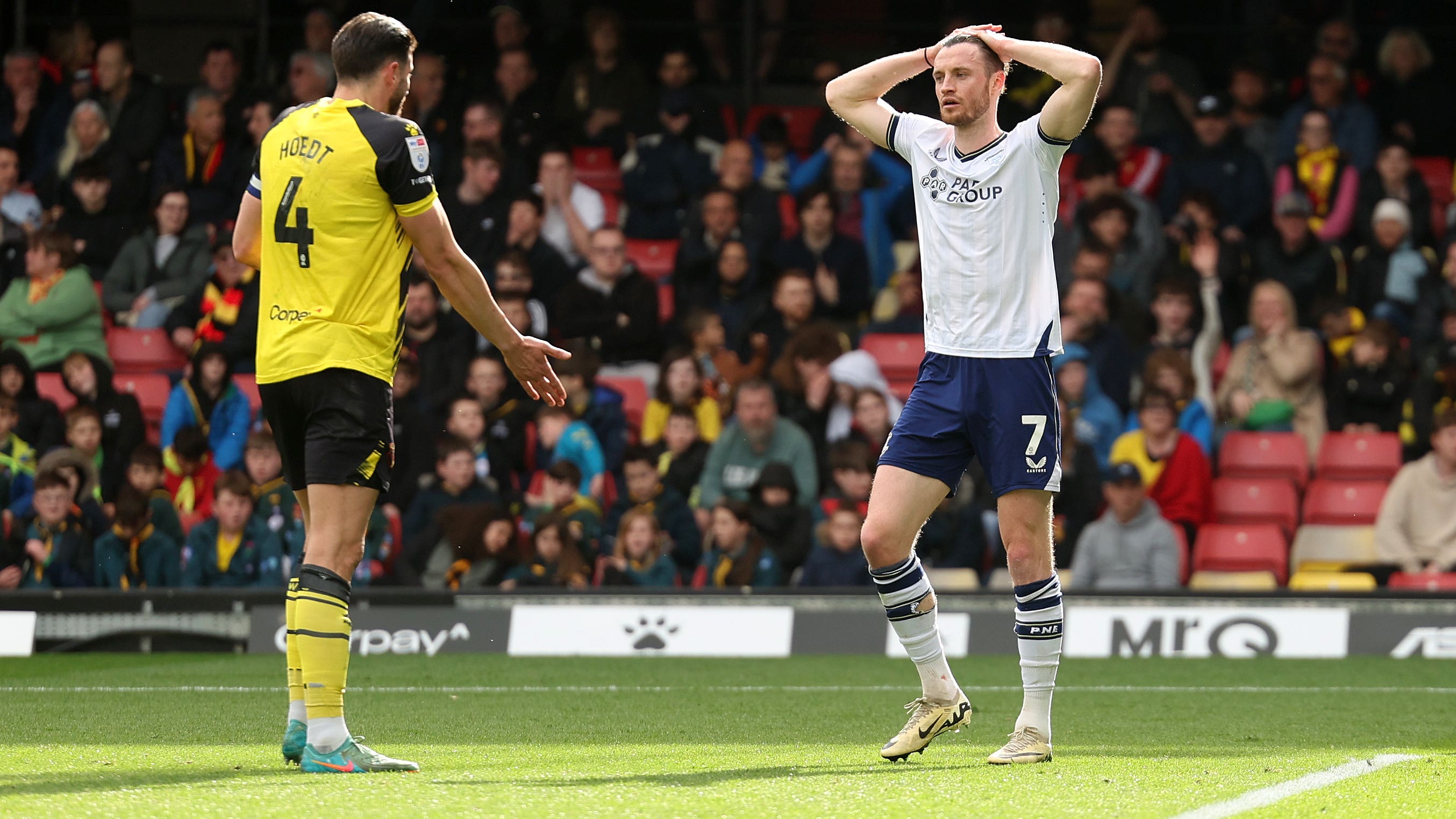 Preston North End’s Will Keane reacts to a missed opportunity during the Sky Bet Championship match at Vicarage Road, Watford. Picture date: Saturday April 6, 2024.