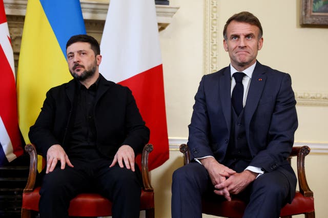 Ukrainian President Volodymyr Zelensky and French President Emmanuel Macron during a meeting in Downing Street