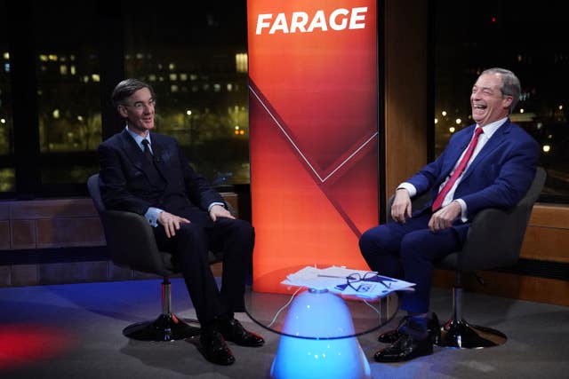 Nigel Farage (right) on his show talking to Jacob Rees-Mogg in the studio at GB News