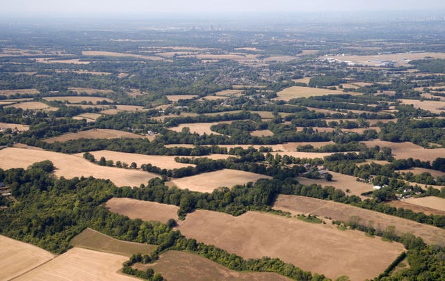 Aerial view of parched yellow-brown fields in Kent