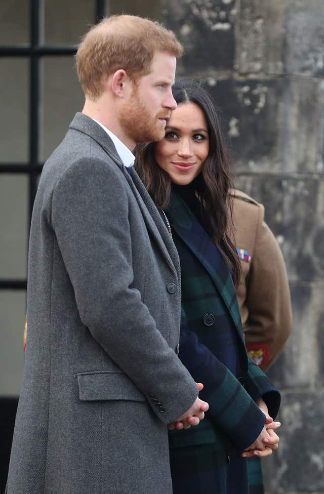 Prince Harry and Meghan Markle at Edinburgh Castle, during their visit to Scotland (Jane Barlow/PA)