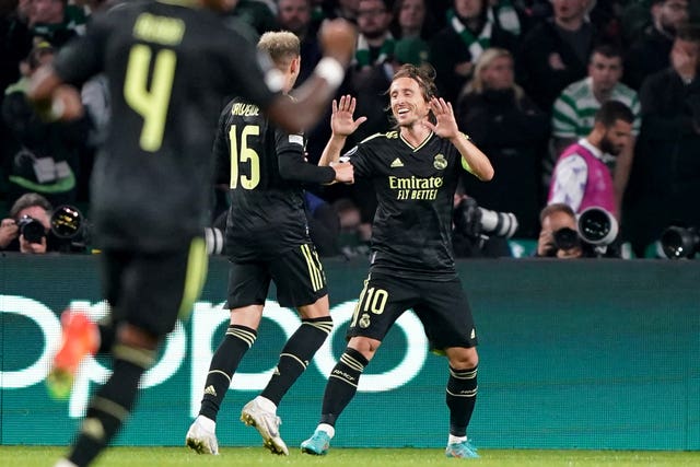 Real Madrid's Luka Modric celebrates after scoring against Celtic (Andrew Milligan/PA).