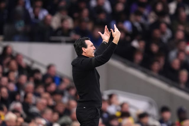 Aston Villa manager Unai Emery points while on the touchline 