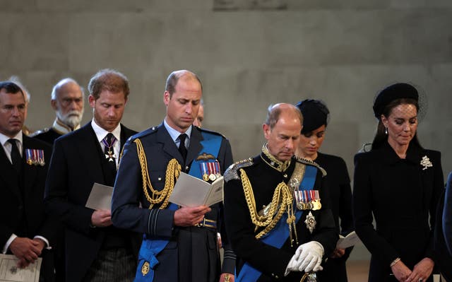Peter Phillips, the Duke of Sussex, the Prince of Wales, the Earl of Wessex, the Duchess of Sussex and the Princes of Wales stood together during the service