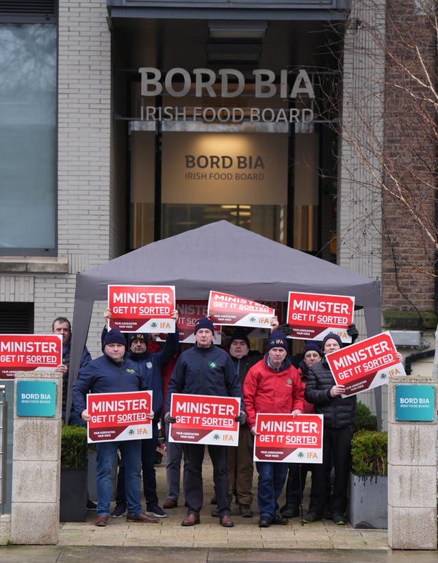 Members of the Irish Farmers’ Association protest outside the offices of Bord Bia in Dublin
