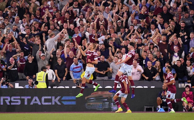 Tomas Soucek (left) celebrates scoring