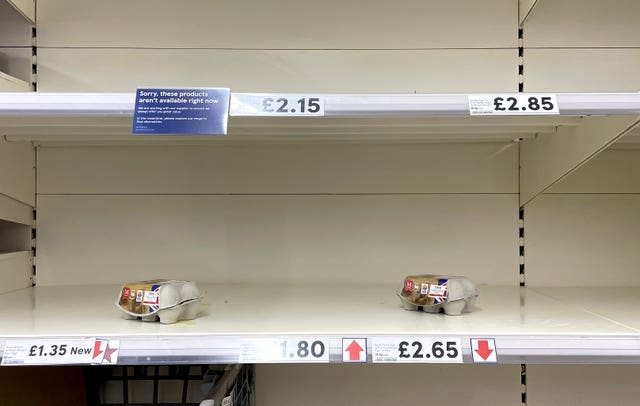 Demand for eggs is up as consumers seek out cheaper sources of protein to offset soaring food bills (Gareth Fuller/PA)