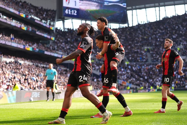 Bournemouth’s Marcus Tavernier (centre) celebrates scoring with his team-mates against Spurs