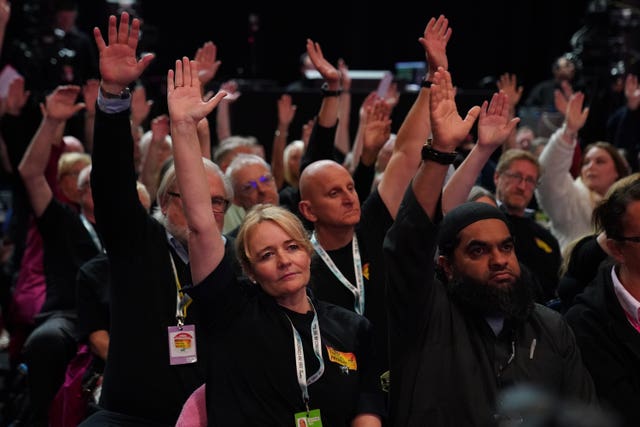 Unite general secretary Sharon Graham, front left, votes with other delegates in favour of a motion calling for the winter fuel payment cut to be reversed during the Labour Party conference 