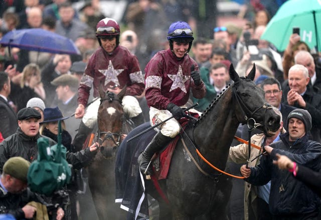 Delta Work (right) and Tiger Roll following their epic duel at the 2022 Cheltenham Festival