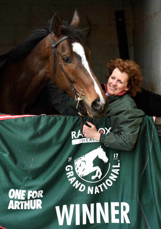 Grand National winner One For Arthur pictured with trainer Lucinda Russell at her yard in Kinross, Scotland 