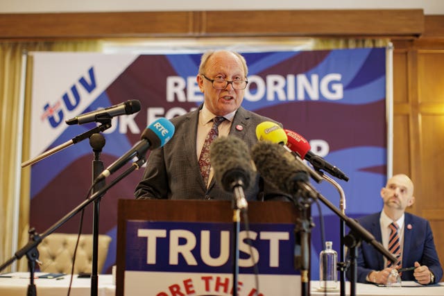 Traditional Unionist Voice leader Jim Allister during the launch of the party's candidates for the Westminster elections at the Dunadry Hotel in Antrim in May