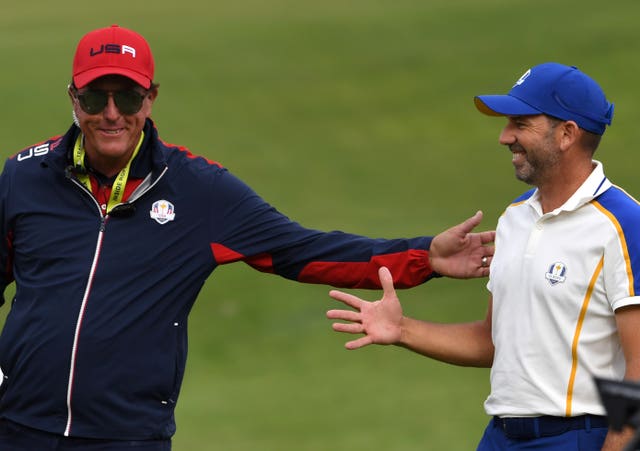 Phil Mickelson, left, and Sergio Garcia at the 2021 Ryder Cup