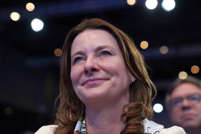 An emotional Education Secretary Gillian Keegan watches Prime Minister Rishi Sunak deliver his speech during the Conservative Party conference 