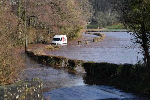 A DPD delivery van was stranded in flood water in Newbridge on Usk